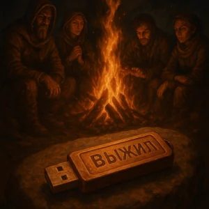 Флешка "ВЫЖИЛ" у костра с выжившими.