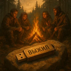 Флешка "ВЫЖИЛ" у костра в Карелии.