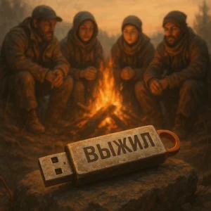 Флешка "ВЫЖИЛ" у костра на Сахалине.