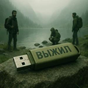 Флешка "ВЫЖИЛ" у горного озера.