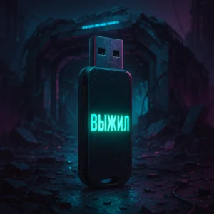 Флешка "ВЫЖИЛ" в разрушенном бункере.