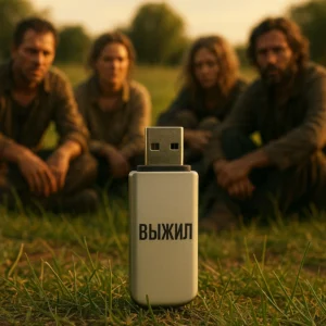 Флешка "ВЫЖИЛ" на поле с выжившими.