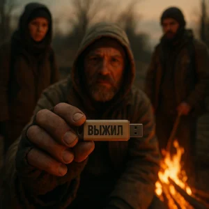Флешка "ВЫЖИЛ" у костра.