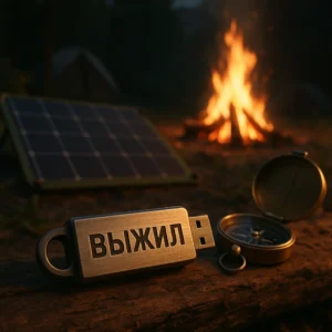 Флешка ВЫЖИЛ на фоне походного лагеря